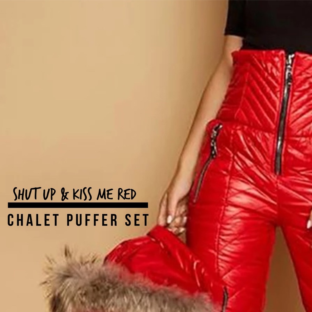 Chalet Puffer coordinate set snow ski jacket & high waisted pants pink red black - Picture 13 of 16